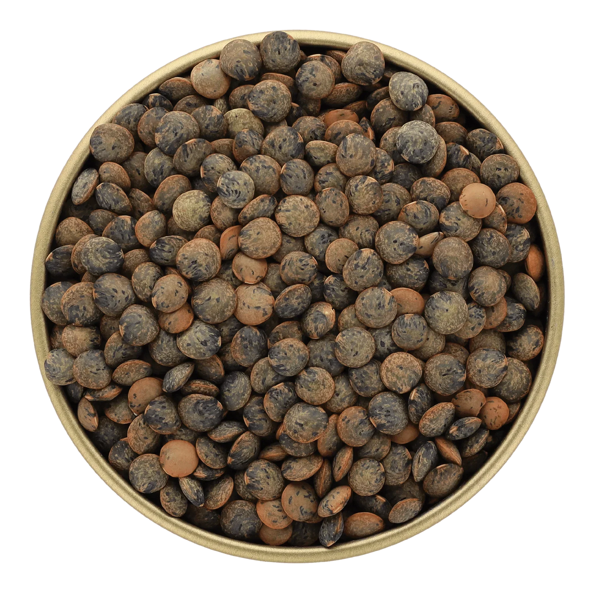 Premium French lentils in a gold bowl, all-natural, high-protein, gluten-free, artisan-made