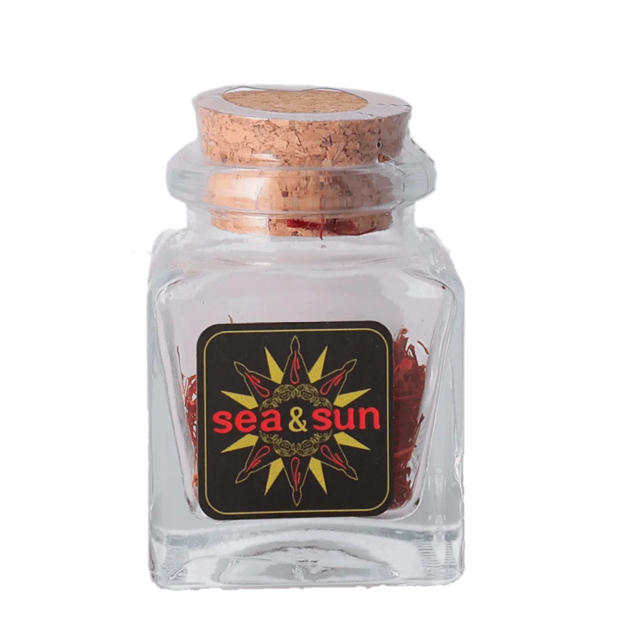 Sea & Sun pure saffron threads in a small square glass jar with a cork stopper