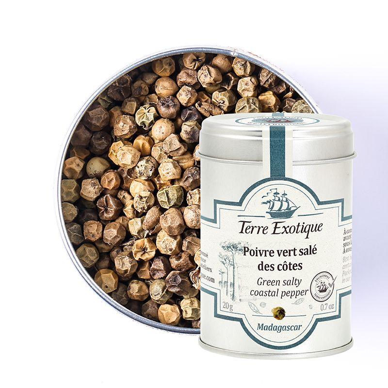 Terre Exotique green salty coastal pepper from Madagascar, artisanal spice in tin, all-natural, premium quality