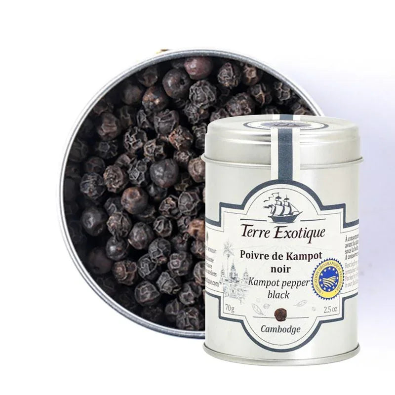 Terre Exotique Kampot black pepper in tin, artisanal Cambodian spice, premium quality, all-natural