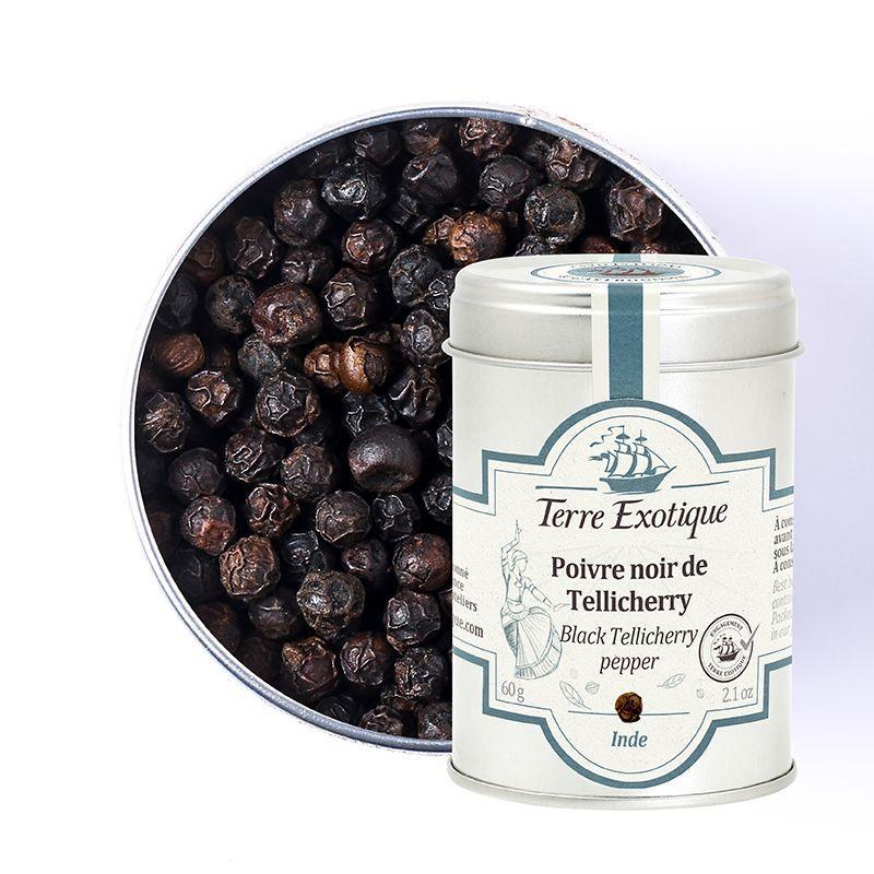 Black Tellicherry pepper in elegant tin, premium French pantry spice, artisan-crafted, all-natural, gluten-free