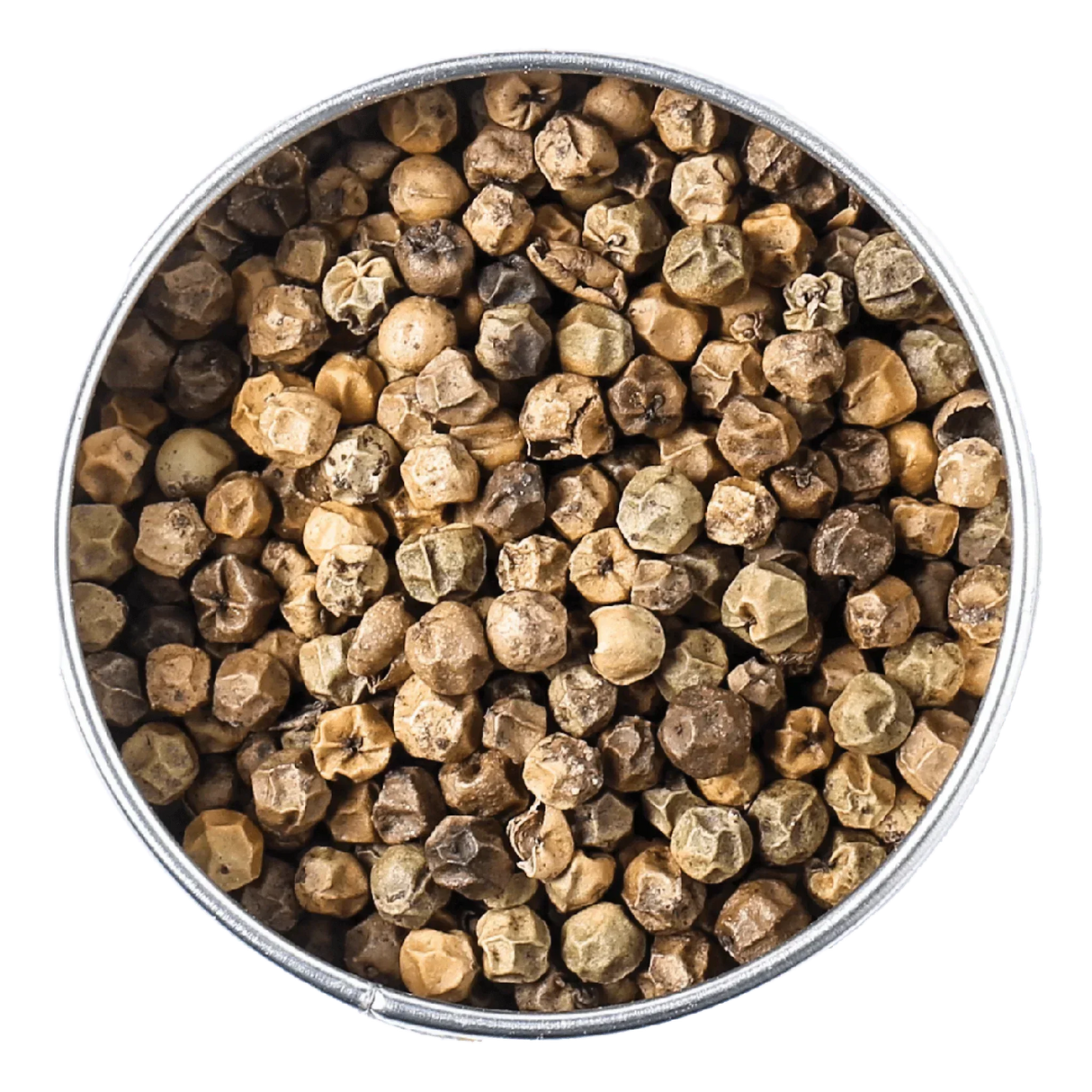 Premium whole white peppercorns in a metal tin, artisanal and all-natural seasoning