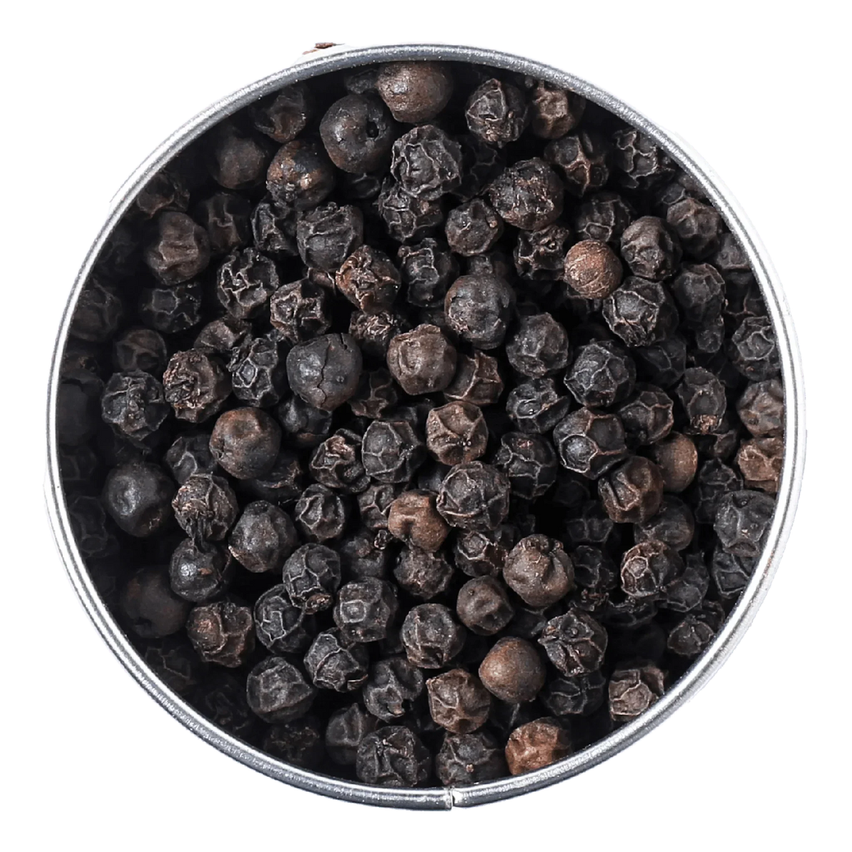 Premium whole black peppercorns in a metal tin, ideal for gourmet cooking and seasoning