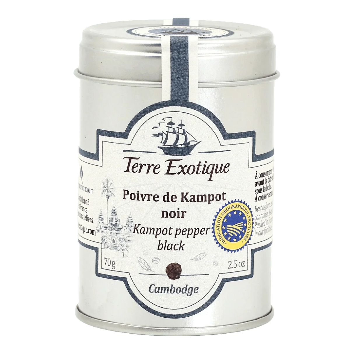 Terre Exotique Kampot black pepper in elegant tin, premium gourmet spice from Cambodia