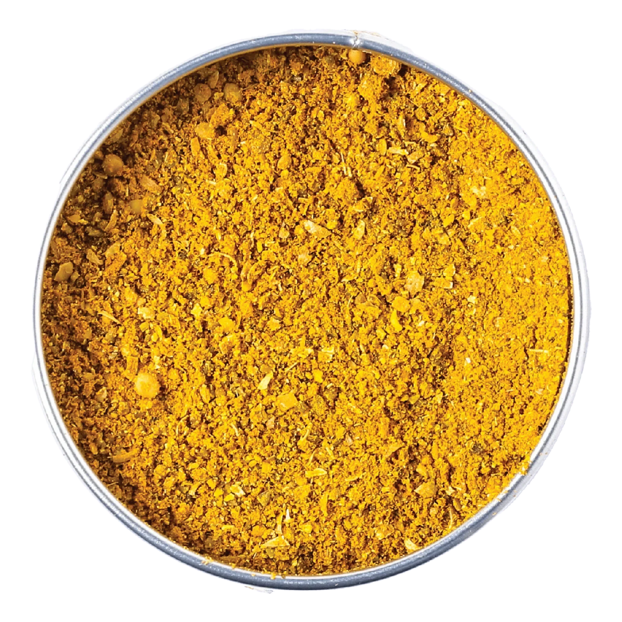 Premium French spice blend, vibrant yellow, artisan-made, all-natural, gluten-free seasoning in metal tin