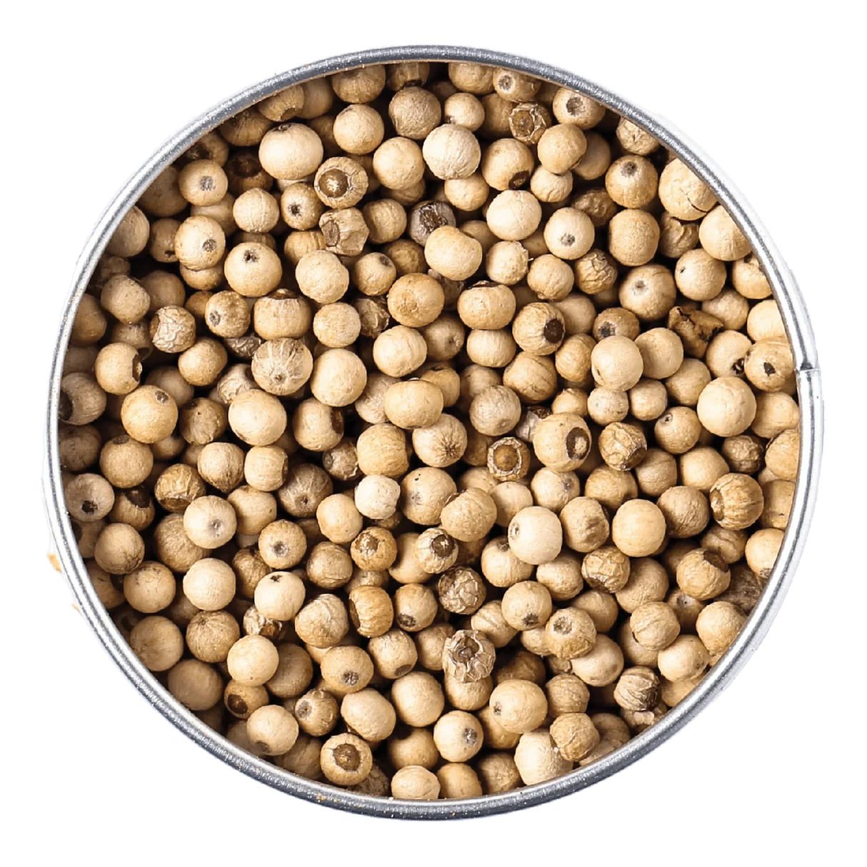Premium white peppercorns in a metal tin, all-natural and artisan-made for gourmet cooking
