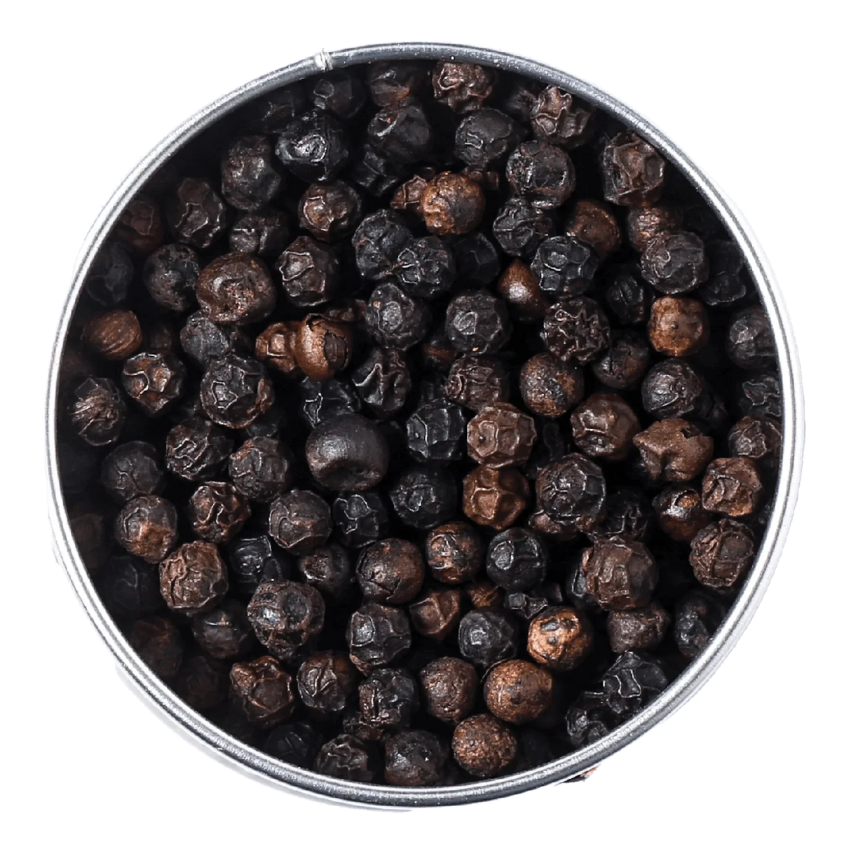 Premium whole black peppercorns in a metal tin, all-natural and artisan-made for gourmet cooking.