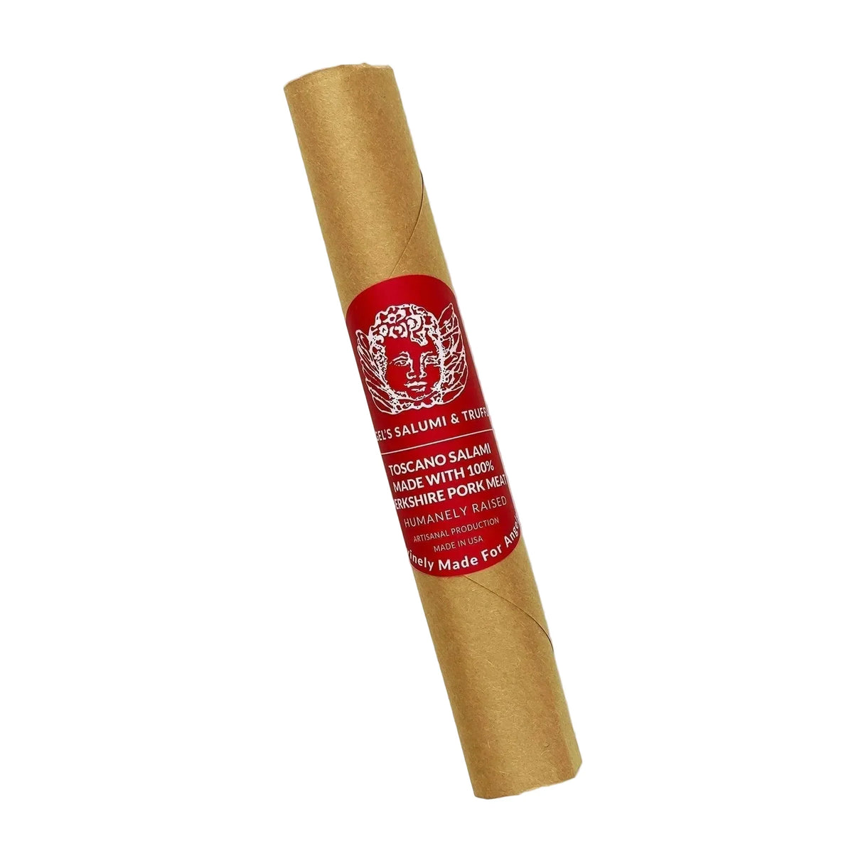 Toscana Salami wrapped in brown paper with red label, artisanal, humanely raised pork, made in USA