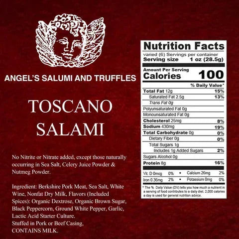 Toscana Salami with nutrition facts, nitrite-free, artisan-made, premium quality, contains milk