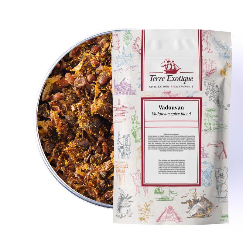 Terre Exotique Vadouvan spice blend in decorative pouch, artisanal Indian gourmet seasoning with colorful illustrations