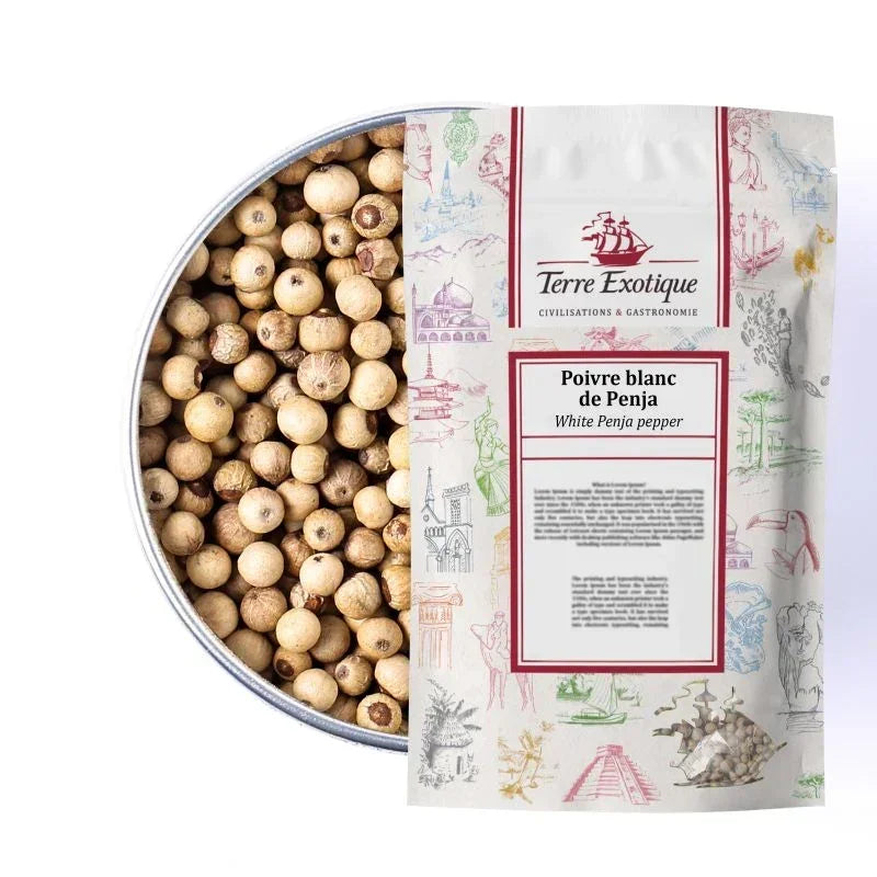 White Penja pepper in tin with Terre Exotique packaging, artisan gourmet spice for French pantry
