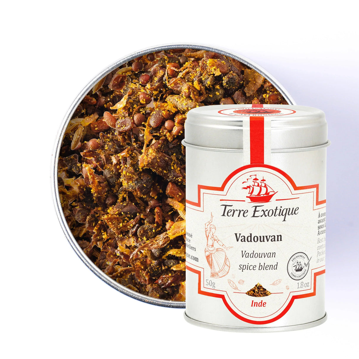 Terre Exotique Vadouvan spice blend in a tin, showcasing rich, aromatic Indian-inspired seasoning.