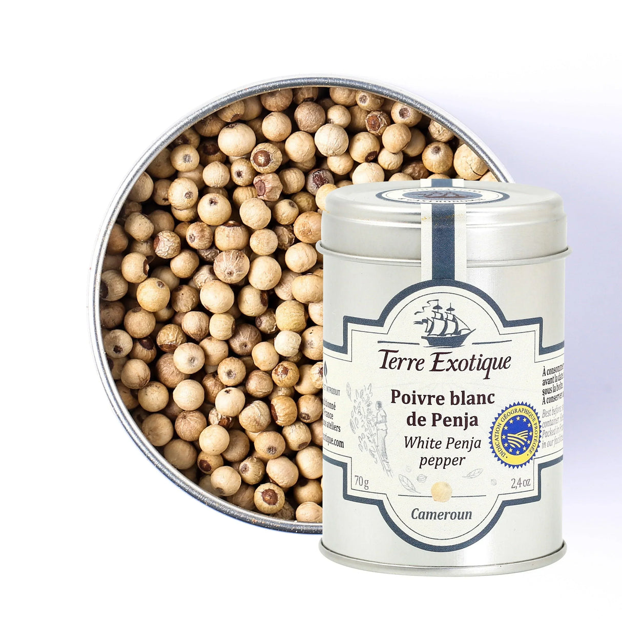 Terre Exotique White Penja Pepper from Cameroon, premium French pantry spice in a tin
