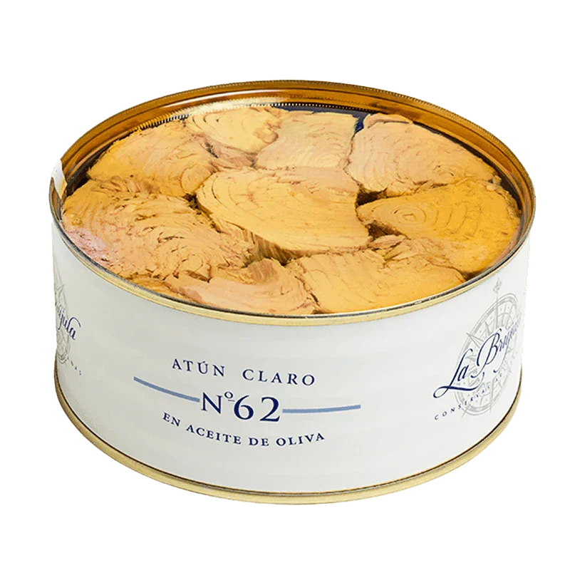 Open tin of yellowfin tuna fillets in olive oil, gourmet canned seafood