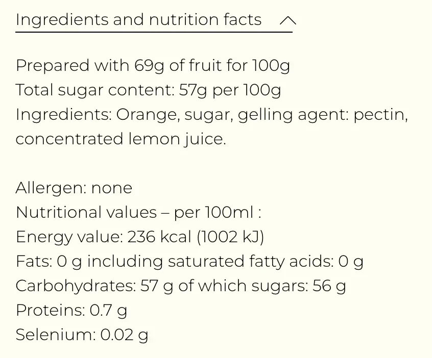 Nutrition facts and ingredients for orange jam with pectin and lemon juice, no allergens, high in sugar