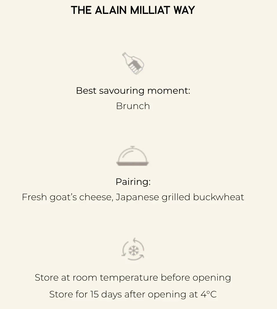 Alain Milliat product guide: best with brunch, pairs with goat cheese & buckwheat, store at room temp
