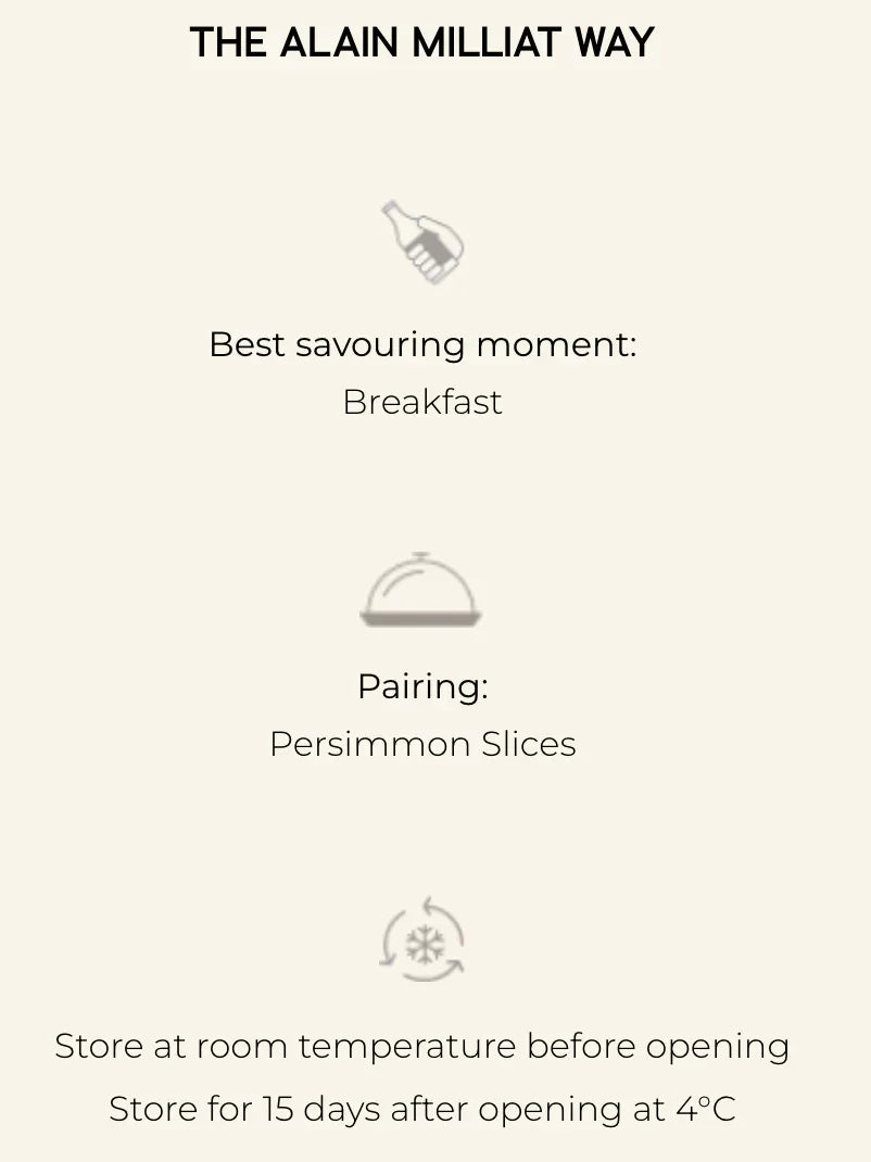 Alain Milliat product guide: best for breakfast, pairs with persimmon slices, store at room temp before opening