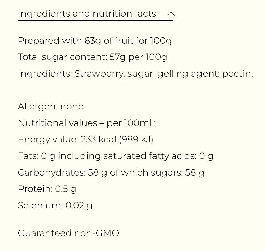 Strawberry jam nutrition facts: non-GMO, no allergens, 63g fruit per 100g, artisan-made, clean-label