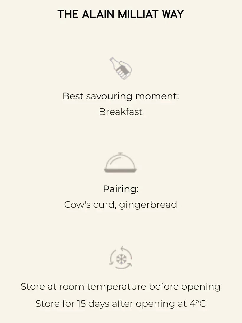 Alain Milliat product guide: best for breakfast, pairs with cow's curd & gingerbread, store at room temp then 4°C