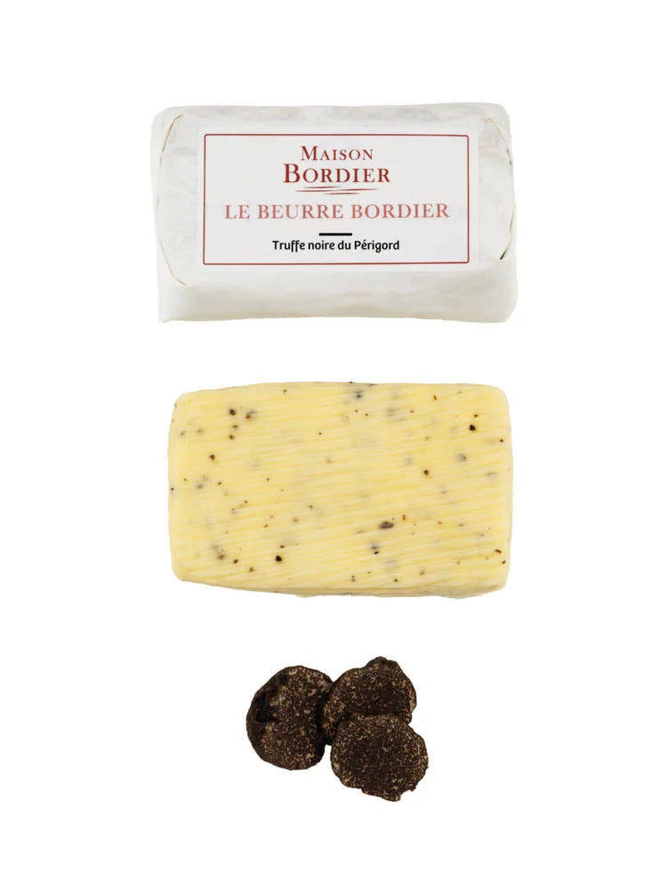 Maison Bordier truffle butter with visible black truffles, premium French gourmet product