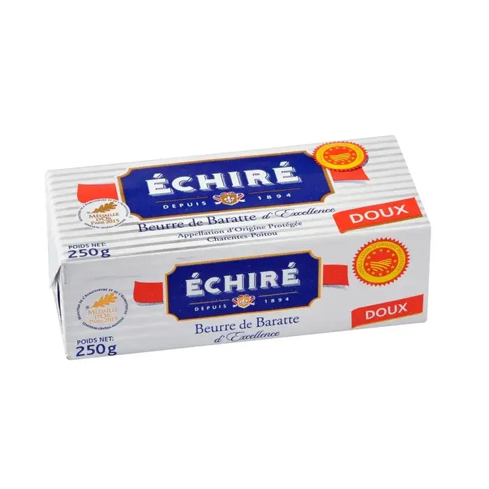 Échiré unsalted French butter 250g in silver and blue packaging, premium imported butter