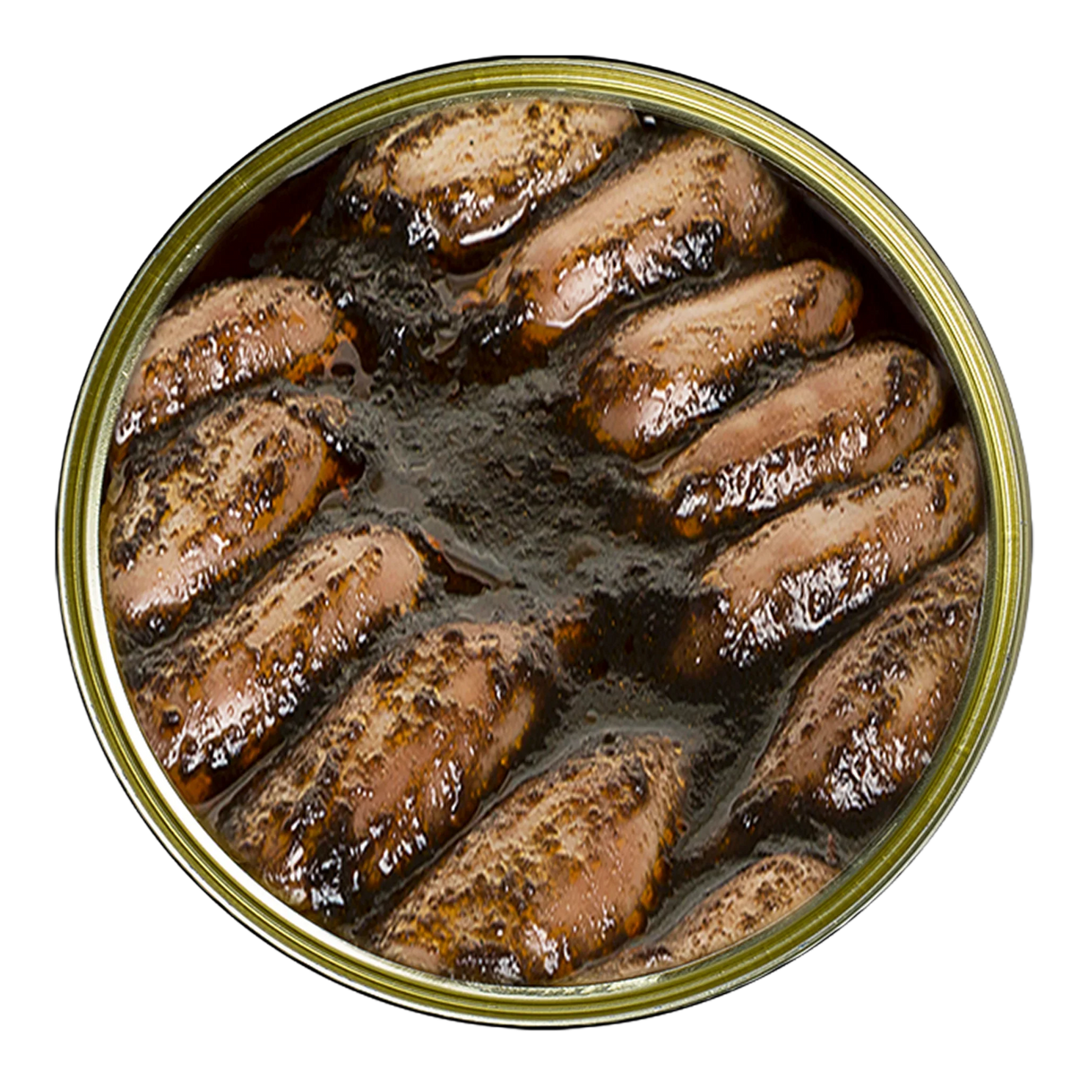 Canned stuffed squid in black ink sauce, gourmet seafood, arranged in a round tin.
