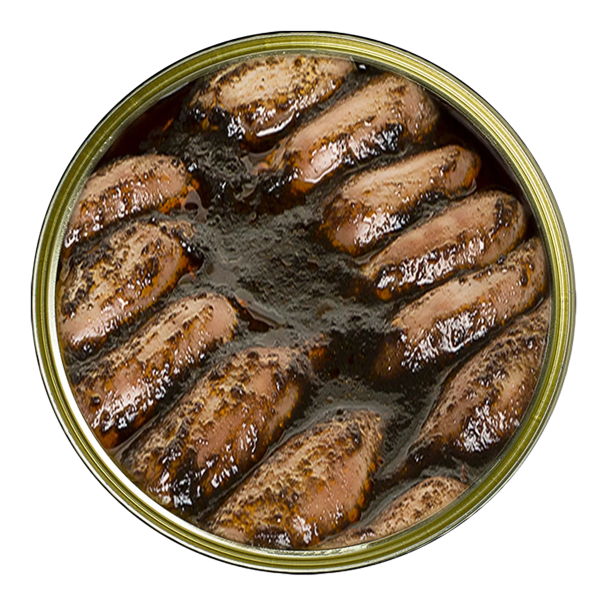 Open tin of La Brujula stuffed squid in its ink, Spanish conserva