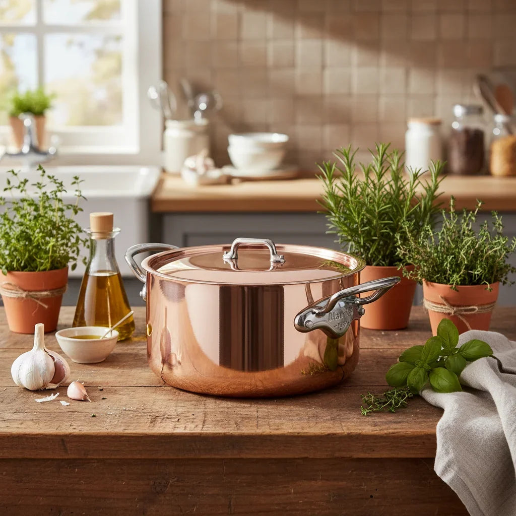 Copper pot with lid and silver handles on a wooden table with garlic and herbs.