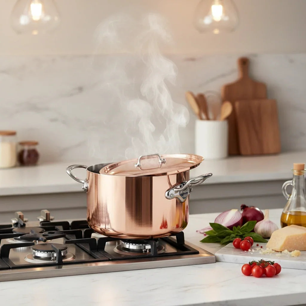 Steam rising from a polished copper pot with a lid on a gas stovetop.
