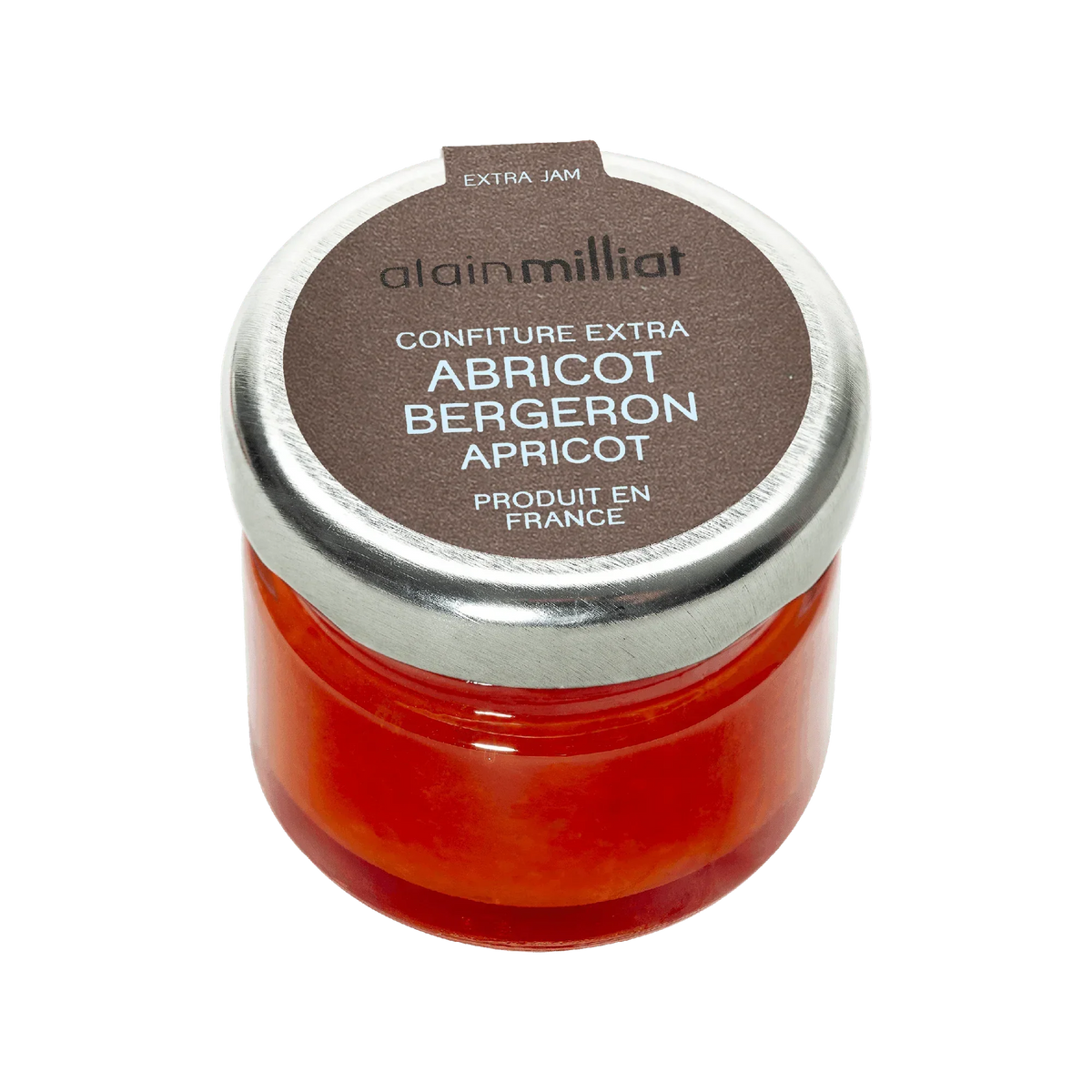 Small jar of Alain Milliat Apricot Bergeron Extra Jam with a silver lid.