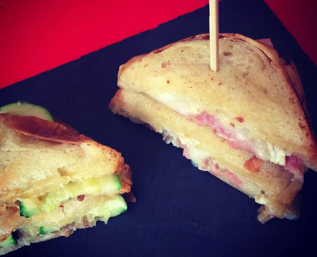 Grilled cheese sandwich with ham and zucchini, artisan-made, premium quality