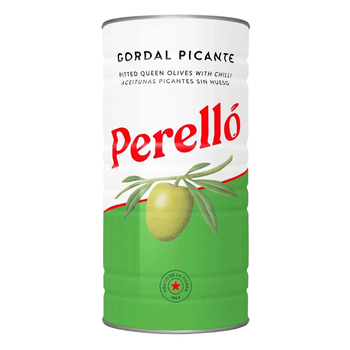 Perelló Gordal Picante pitted queen olives with chili, artisan Spanish olives in green can