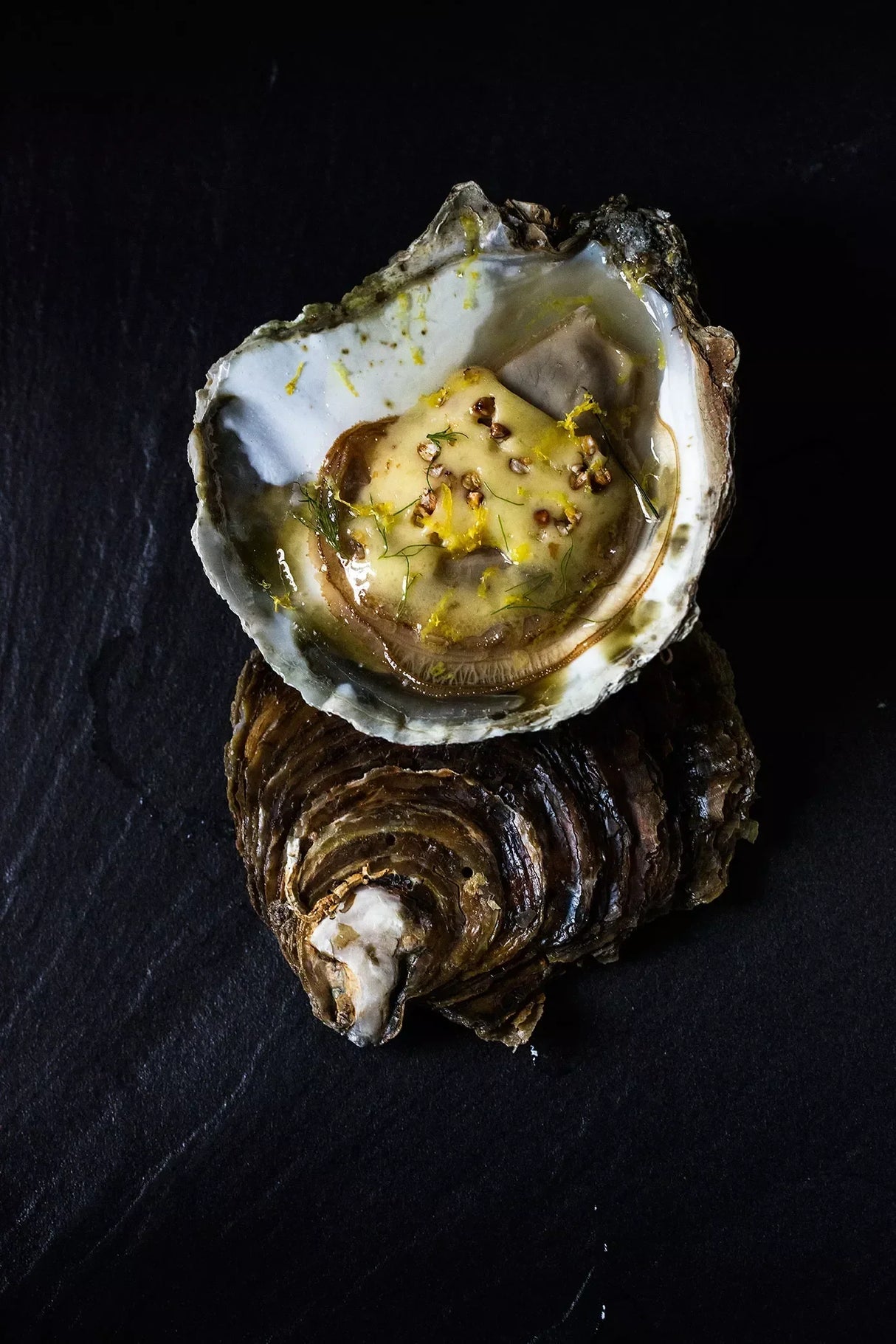 Fresh oyster with lemon zest and herbs, artisan-prepared gourmet seafood