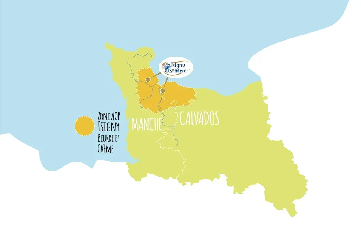 Map of Isigny AOP butter and cream region in Normandy, France, highlighting Manche and Calvados areas.