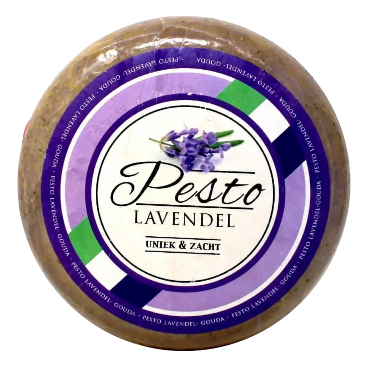 Lavender Pesto Gouda cheese wheel with purple label and lavender flower design