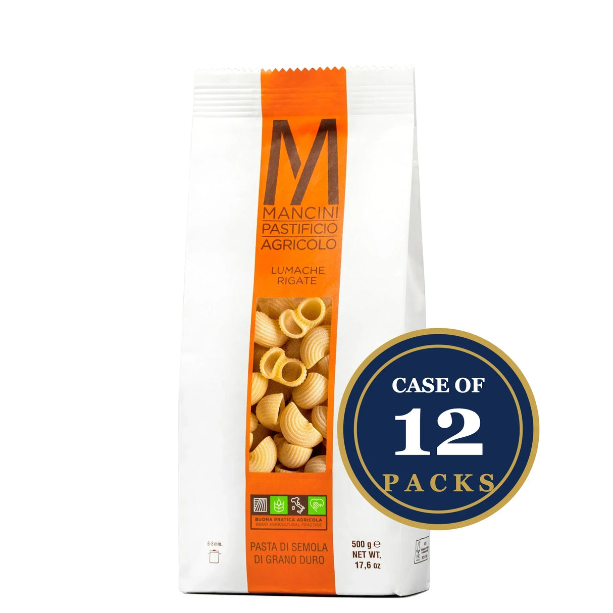 Mancini Lumache Rigate pasta, durum wheat, artisanal, case of 12 packs, 500g