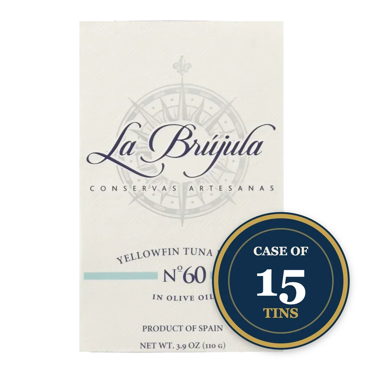 La Brújula Yellowfin Tuna in Olive Oil, Case of 15 Tins, Artisan Spanish Seafood