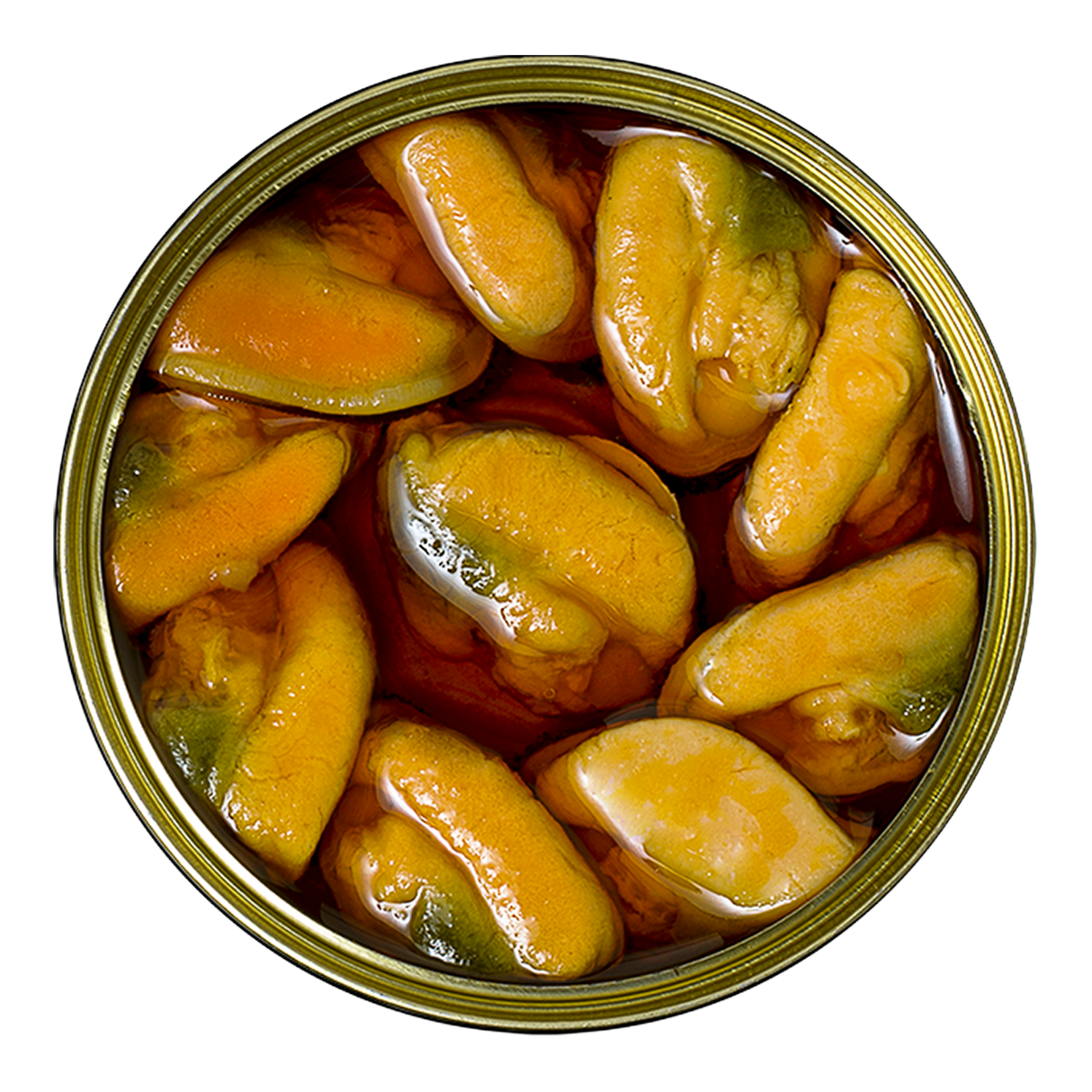 Gourmet mussels in escabeche sauce in an open tin, premium French pantry seafood