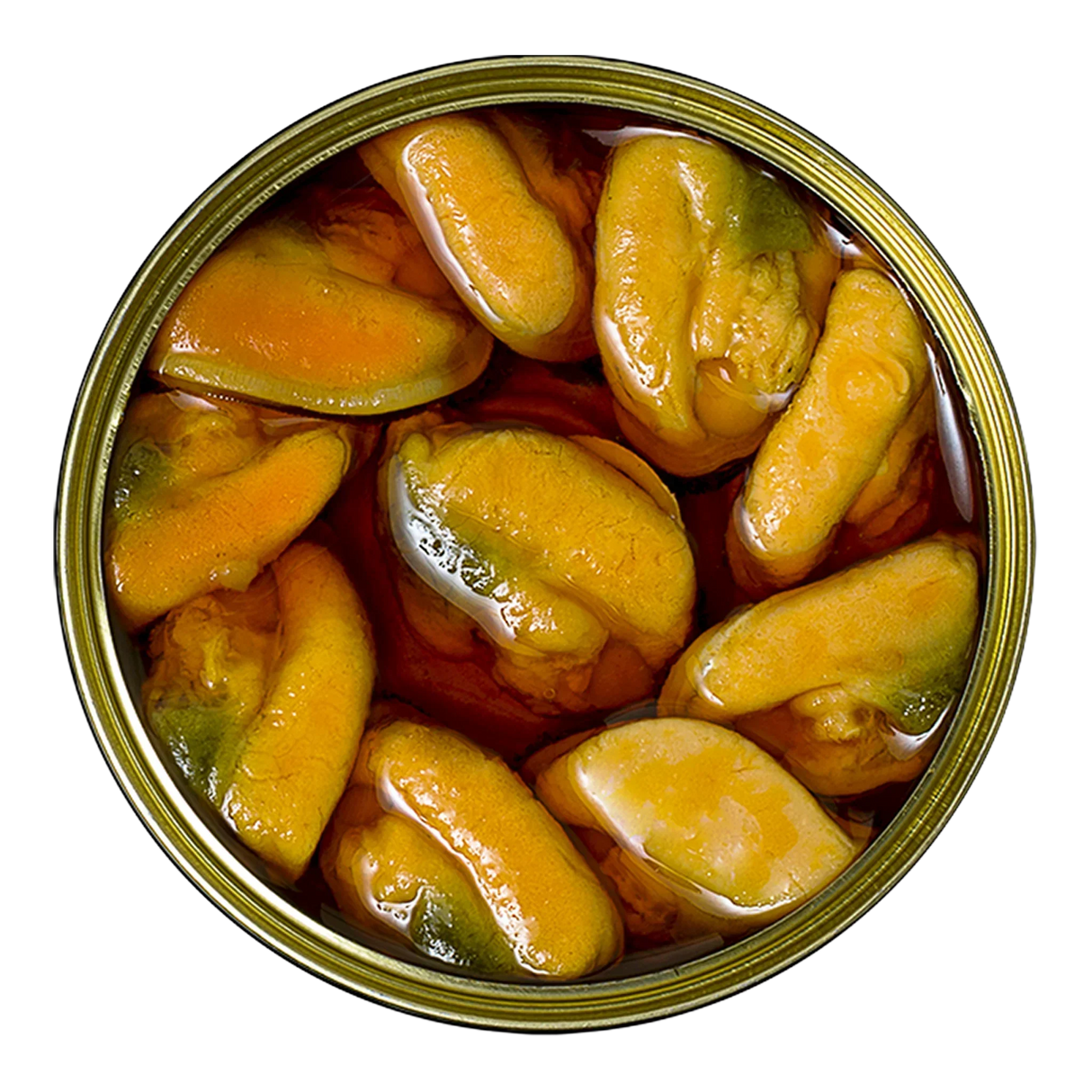 Canned mussels in rich broth, premium seafood delicacy, artisan-made, gluten-free, high-protein