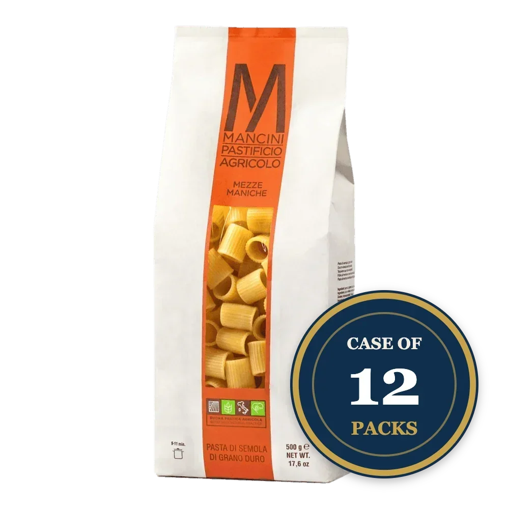 Mancini Mezze Maniche pasta, durum wheat, case of 12 packs, artisan-made, premium quality