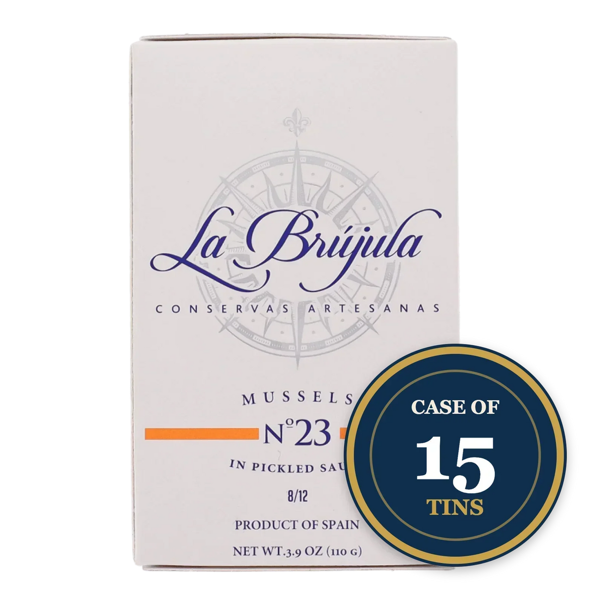 Case of 15 tins La Brújula artisan mussels in pickled sauce, Spanish conservas, premium seafood