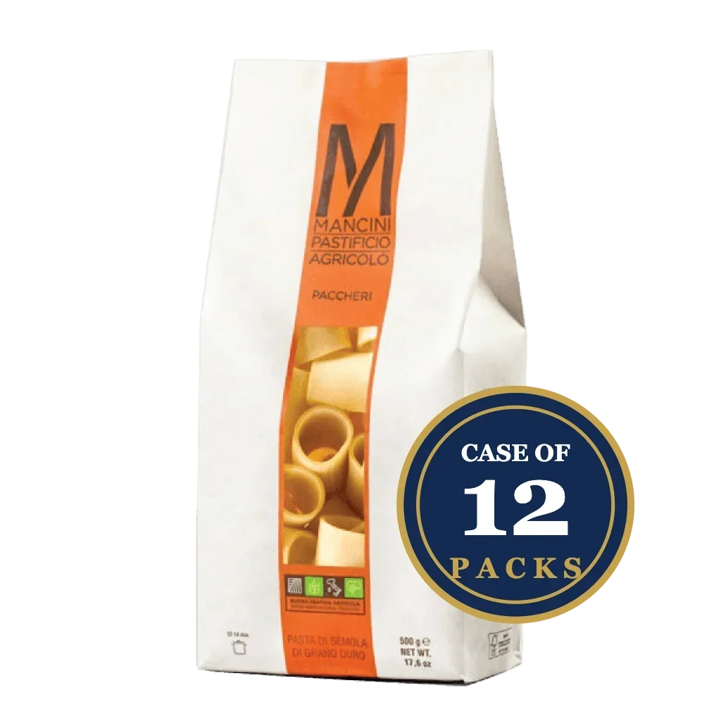 Mancini Paccheri pasta, artisan-made durum wheat, case of 12 packs, premium Italian pasta