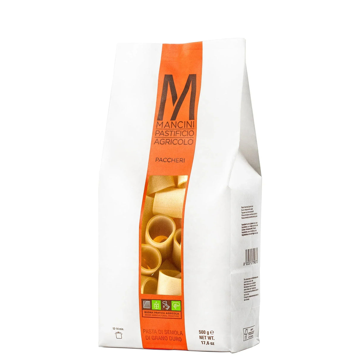 Mancini Paccheri pasta, durum wheat semolina, artisanal Italian pasta, 500g bag, good agricultural practice