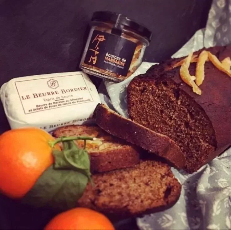 Artisan chocolate bread with orange zest, Maison Bordier butter, and mandarin peel jam