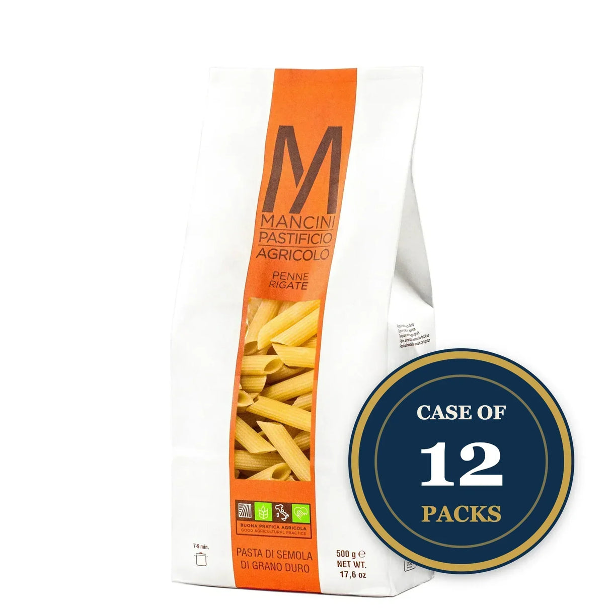 Mancini Penne Rigata pasta, 500g, case of 12 packs, durum wheat, artisanal Italian pasta