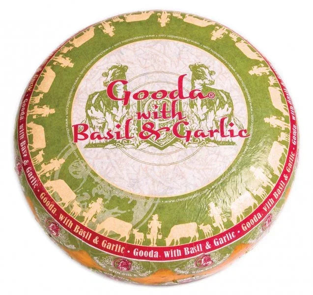Gooda with Basil & Garlic cheese wheel, artisan-made, all-natural, premium quality