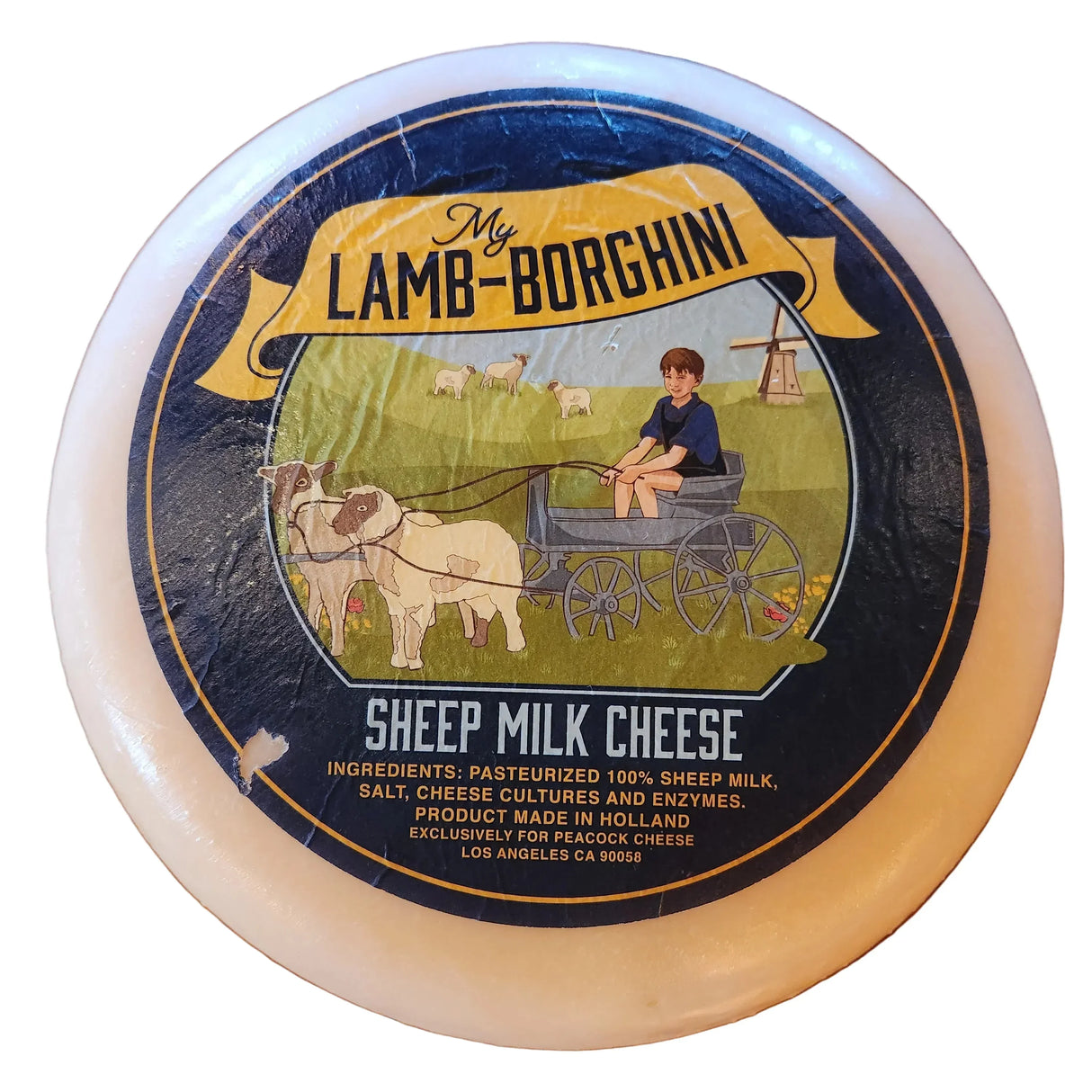 My Lamb-Borghini sheep milk cheese wheel, artisan-made with 100% pasteurized sheep milk, crafted in Holland.