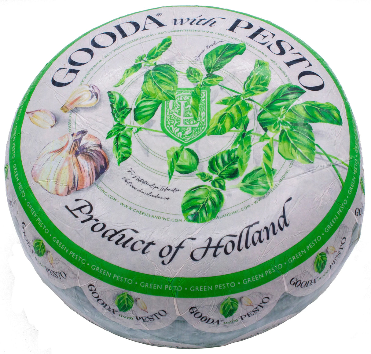 Round wheel of Gooda with Pesto cheese, featuring basil and garlic, a Dutch product with green pesto flavor.