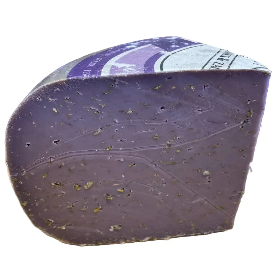 Purple herb-infused artisan cheese wedge, grass-fed, all-natural, premium French dairy