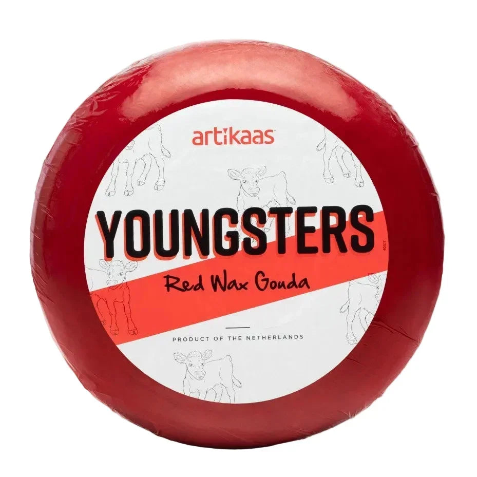 Artikaas Youngsters Red Wax Gouda cheese wheel, Dutch artisanal cheese with cow illustrations, product of Netherlands
